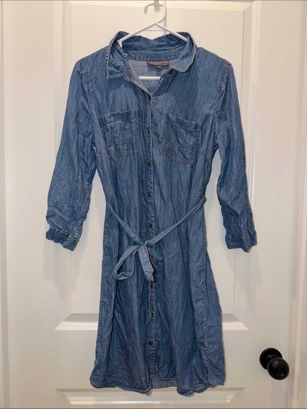 A Pea in the Pod Denim Chambray Midi Shirt Dress - Blue